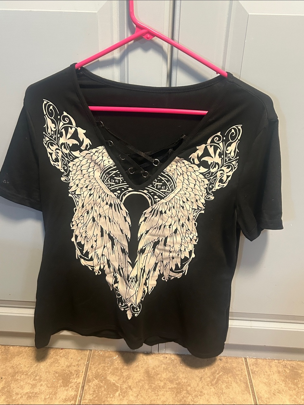 SHEIN Black Short Sleeve Tee with White Angel Wing Lace-Up V-Neck